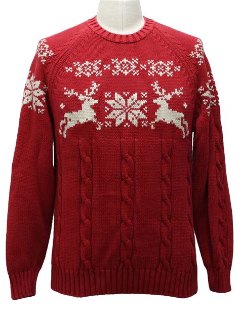 Mens Ugly Christmas Classic Reindeer Ski Style Sweater Lands End Mens Red Background Cotton