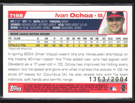 Ivan Ochoa 2004 Topps Traded Rookies Gold Rc T198 Cleveland Indians