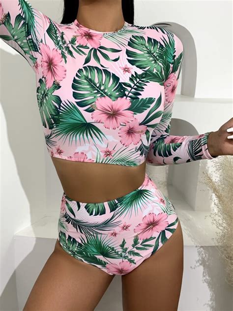 SHEIN Swim SPRTY Traje de baño de bikini de talle alto tropical y