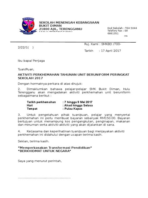 Contoh Surat Makluman Perkhemahan Kepada Ibu Bapa