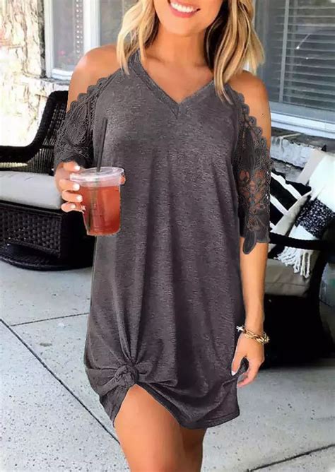 Lace Splicing Cold Shoulder Mini Dress Gray Bellelily