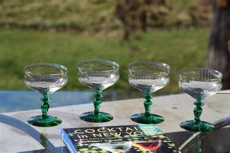 Vintage Green Uranium Cocktail Martini Glasses Bryce Iridescent