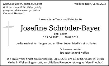 Traueranzeigen von Josefine Schröder Bayer Schwarzwälder Bote Trauer