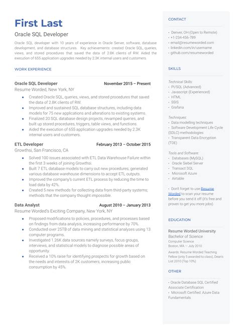 Sql Developer Cv Examples For Resume Worded