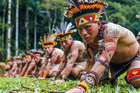 Miembros de tribus indígenas amazónicas con trajes tradicionales