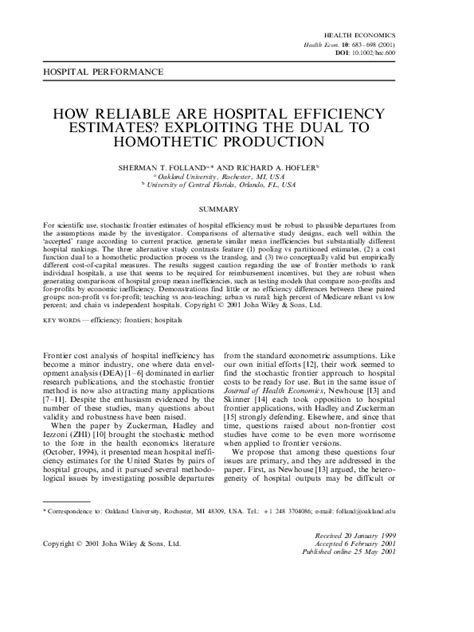 (PDF) How reliable are hospital efficiency estimates? Exploiting the dual to homothetic ...