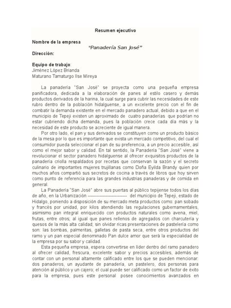 Ejemplo De Un Resumen Ejecutivo Pdf Panadería Panes