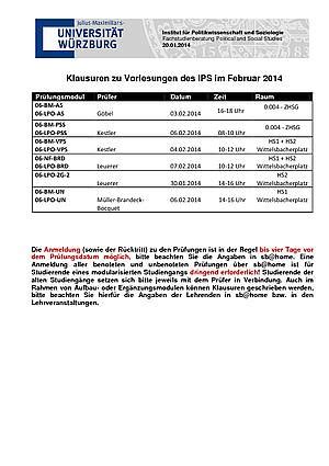 Klausuren zu Vorlesungen des IPS im Februar 2014 Fakultät für