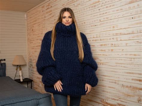 12 Strands Turtleneck Mohair Sweater Chunky Knit Unisex Etsy Fluffy