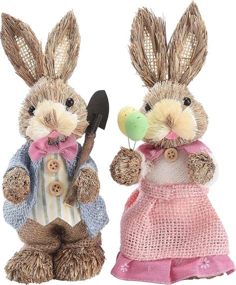 Jasree 2pcs Standing Easter Bunny Figures Straw Woven