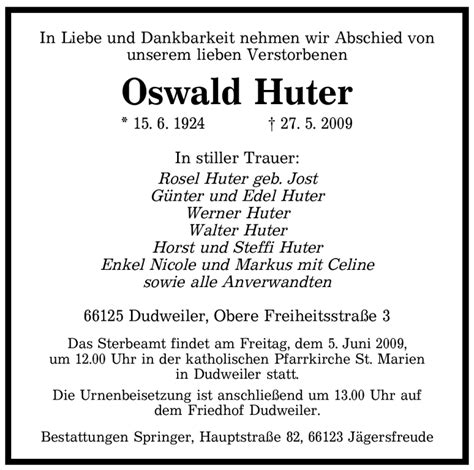 Traueranzeigen Von Oswald Huter Trauer De