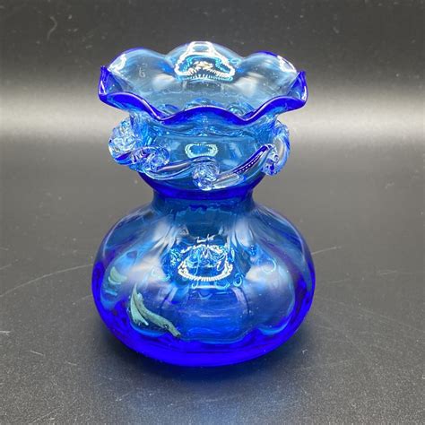 Pilgrim Glass Cobalt Blue Vase Hand Blown 3 1 4” With Clear Rigaree Ruffled Edge Ebay