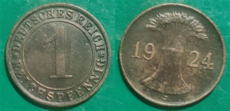 Germany 1 Reichspfennig 1924 Mintmark J Hamburg