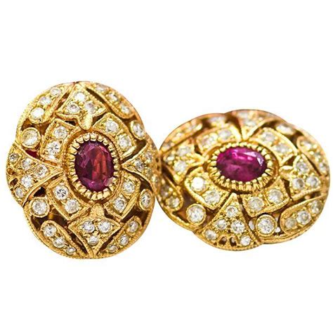 Vintage 18k Yellow Gold Ruby And Diamond Earrings Ruby Diamond Diamond