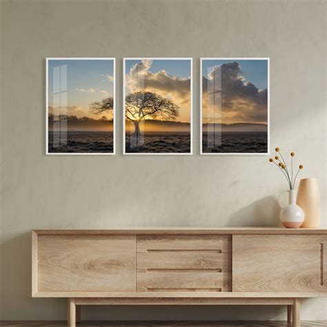 Kit 3 Quadros Decorativos Arvore Paisagem Moldura Vidro