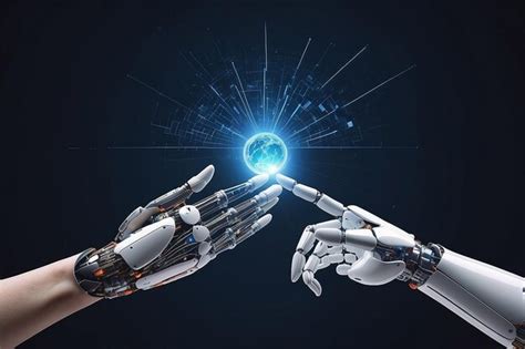 Premium Photo Robot Hand And Human Hand Touching Digital World