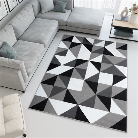 Tapiso Luxury Tapis De Salon Chambre Moderne Blanc Gris Noir Triangle