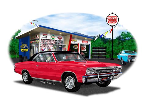 1967 Chevelle Ss Red With Black Vinyl Top Muscle Car Art Drawing By