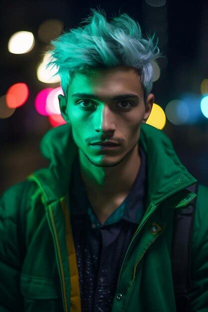 Premium Ai Image A Man With Blue Hair And Green Jacket