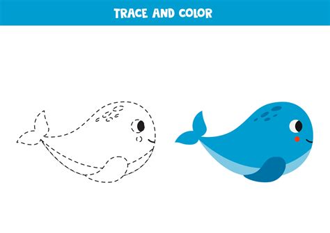 Trace And Color Cartoon Cute Blue Whale Worksheet For Children