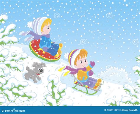 Small Children Sledding Down A Snow Hill Stock Vector Illustration Of