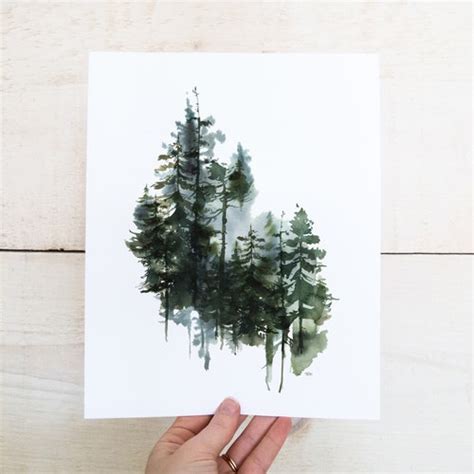 Pine Trees Watercolor Art Print Pine Tree Line Forest Wall Etsy