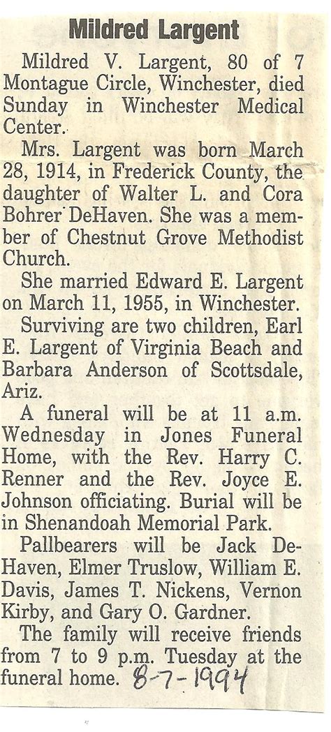 Mildred V Dehaven Largent M Morial Find A Grave