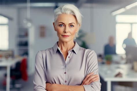 Premium Ai Image Older Woman With White Hair And Blue Eyes Standing