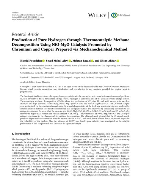 Pdf Production Of Pure Hydrogen Through Thermocatalytic Methane Decomposition Using Nio Mgo