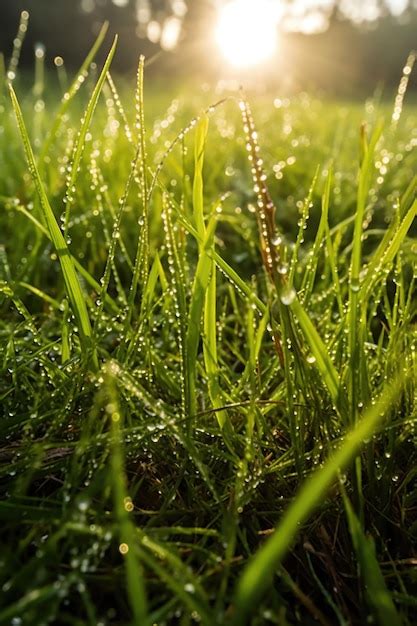 Premium Ai Image Dewdrops On Fresh Green Grass At Sunrise Created