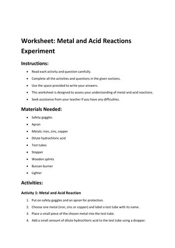 Worksheet: Metal and Acid Reactions Experiment | Teaching Resources