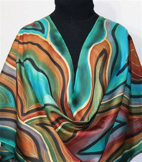 Silk Scarves Online Shop Teal Turquoise Brown Hand Painted Silk