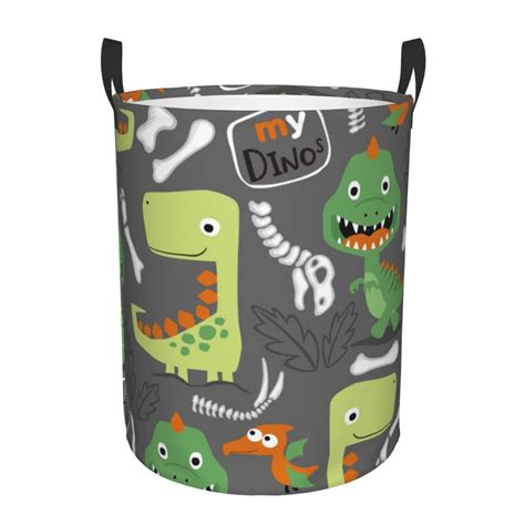 Coaee Cartoon Dinosaurs Laundry Basket With Handle Waterproof Round