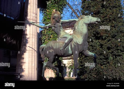 Germany Bavaria Munich Bronze Statue In Front Of The Villa Stuck Stock