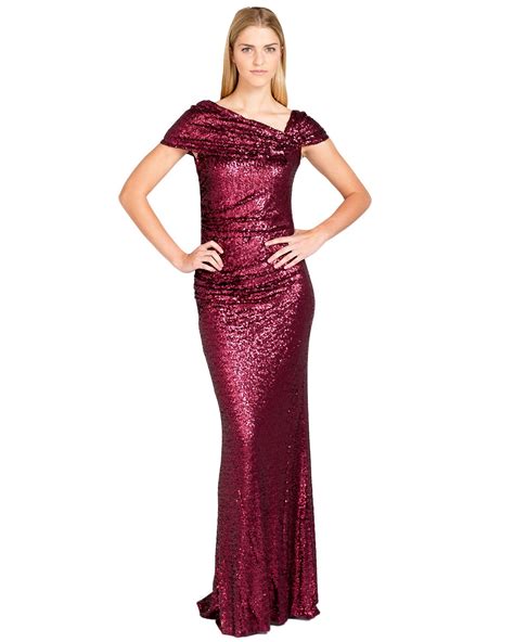 Badgley Mischka Sequin Off Shoulder Evening Gown In Red Bordeaux Lyst