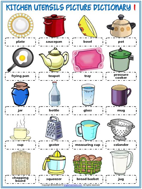 Kitchen Utensils Vocabulary Esl Picture Dictionary Worksheets For Kids