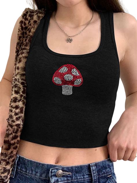 Fanvereka Summer Ladies Sexy U Neck Camisole Girls Creative Mushroom Rhinestone Decoration