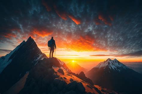 Un Hombre Se Para En La Cima De Una Monta A Mirando La Puesta De Sol