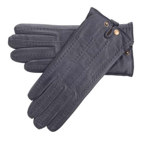 Ladies Navy Leather Gloves With Fleece Lining Extra Soft With Popper