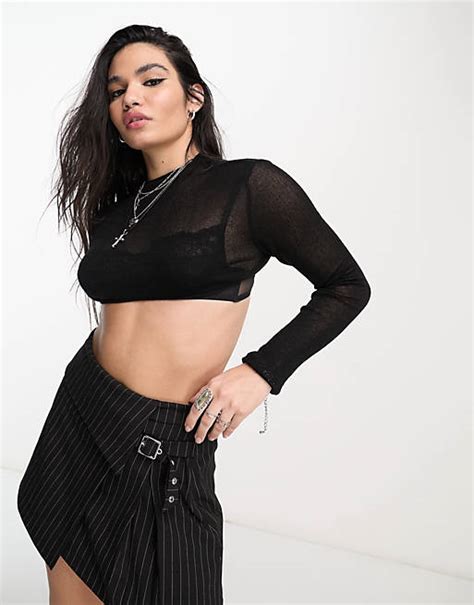 Asos Design High Neck Micro Crop Knitted Top In Sheer Yarn In Black Asos