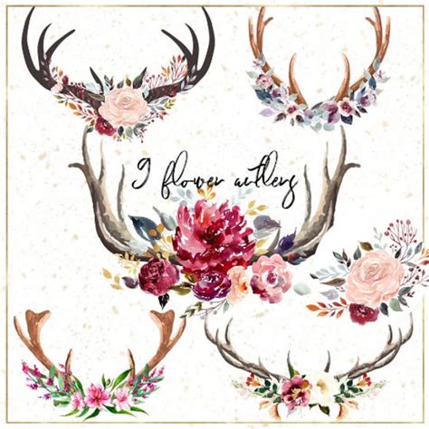 Flower Antlers Clipart, Rustic Deer Antlers, Silhouette Antlers Deer ...