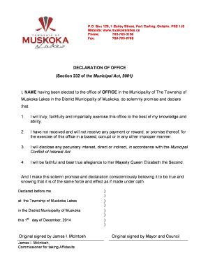 Fillable Online Muskokalakes Civicweb Declaration Of Office Blank