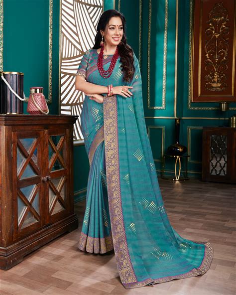 Vishal Prints Teal Blue Chiffon Saree With Foil Print And Jari Border