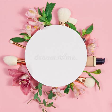 Decorative Flat Lay Composition With Makeup Products Cosmetics And Flowers Flat Lay Top View