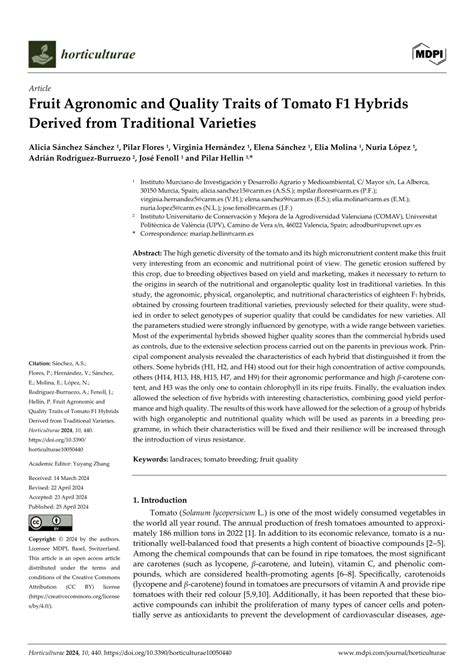 Pdf Fruit Agronomic And Quality Traits Of Tomato F1 Hybrids Derived From Traditional Varieties