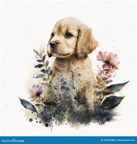 Cute Watercolor Puppy with Floral Stock Illustration - Illustration of ...