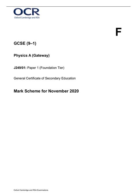 GCSE 91 Physics A Gateway J249 01 Paper 1 Foundation Tier Mark