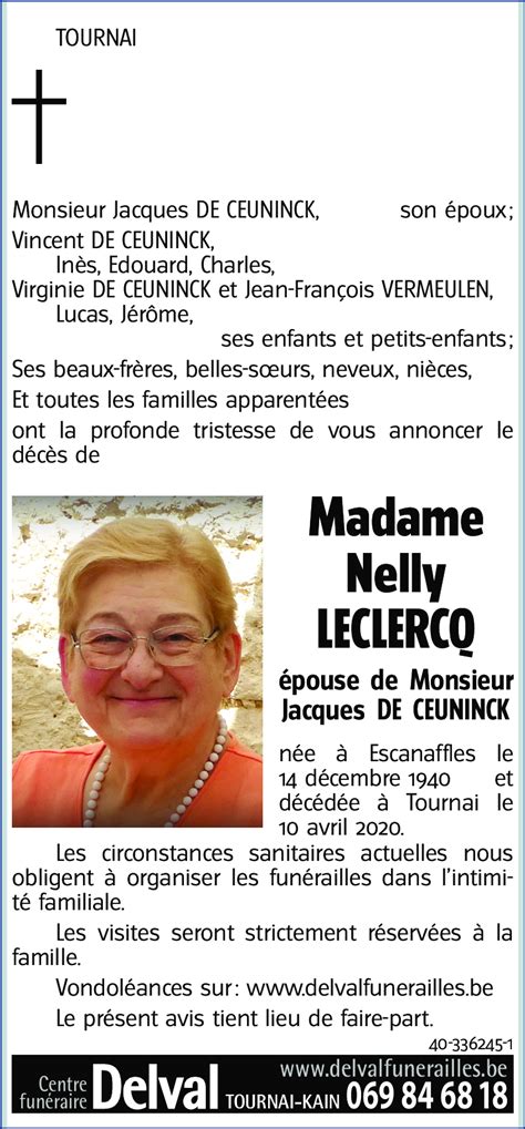 Avis De Décès De Nelly Leclercq Décédé Le 10 04 2020 à Tournai