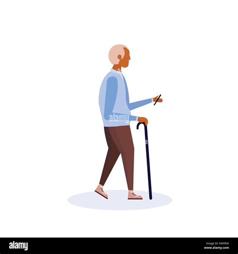 African American Old Man Walking Stick Using Smartphone Elderly