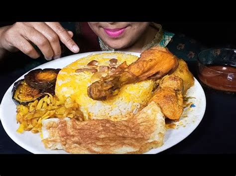 Asmr Pulao With Spicy Chicken Curry Omlet Aloo Fry Begun Fry Eating